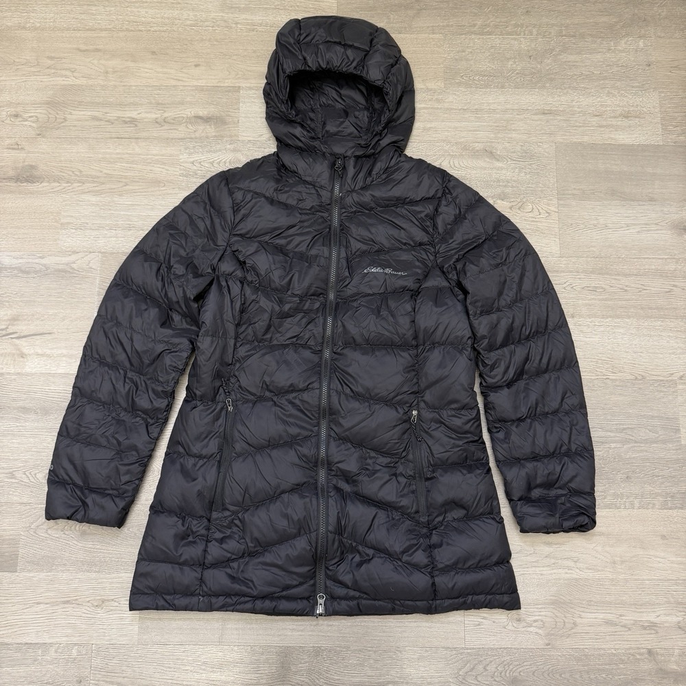 Eddie Bauer Womens M Chevron Down Parka Black EB650 Hooded Puffer Jacket